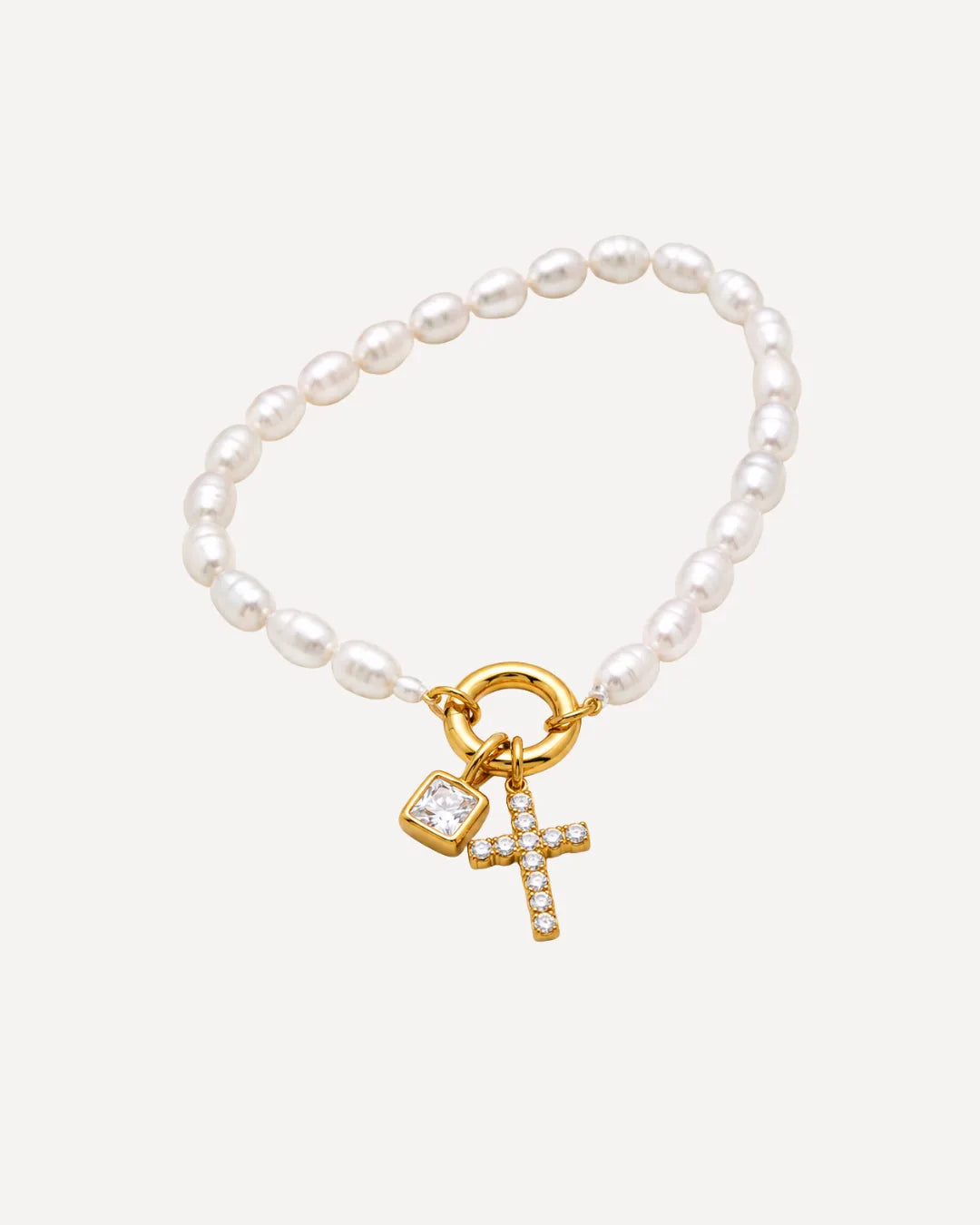 Olivia Birthstone Cross Bracelet with Pearls