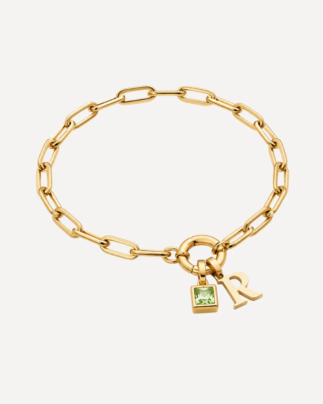 Jane Initial Birthstone Bracelet with Paperclip Chain