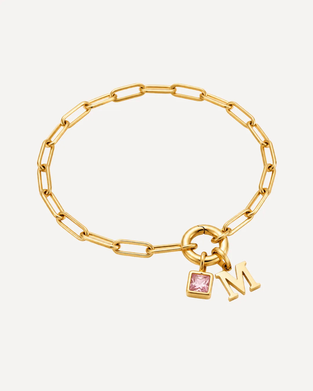 Jane Initial Birthstone Bracelet with Paperclip Chain