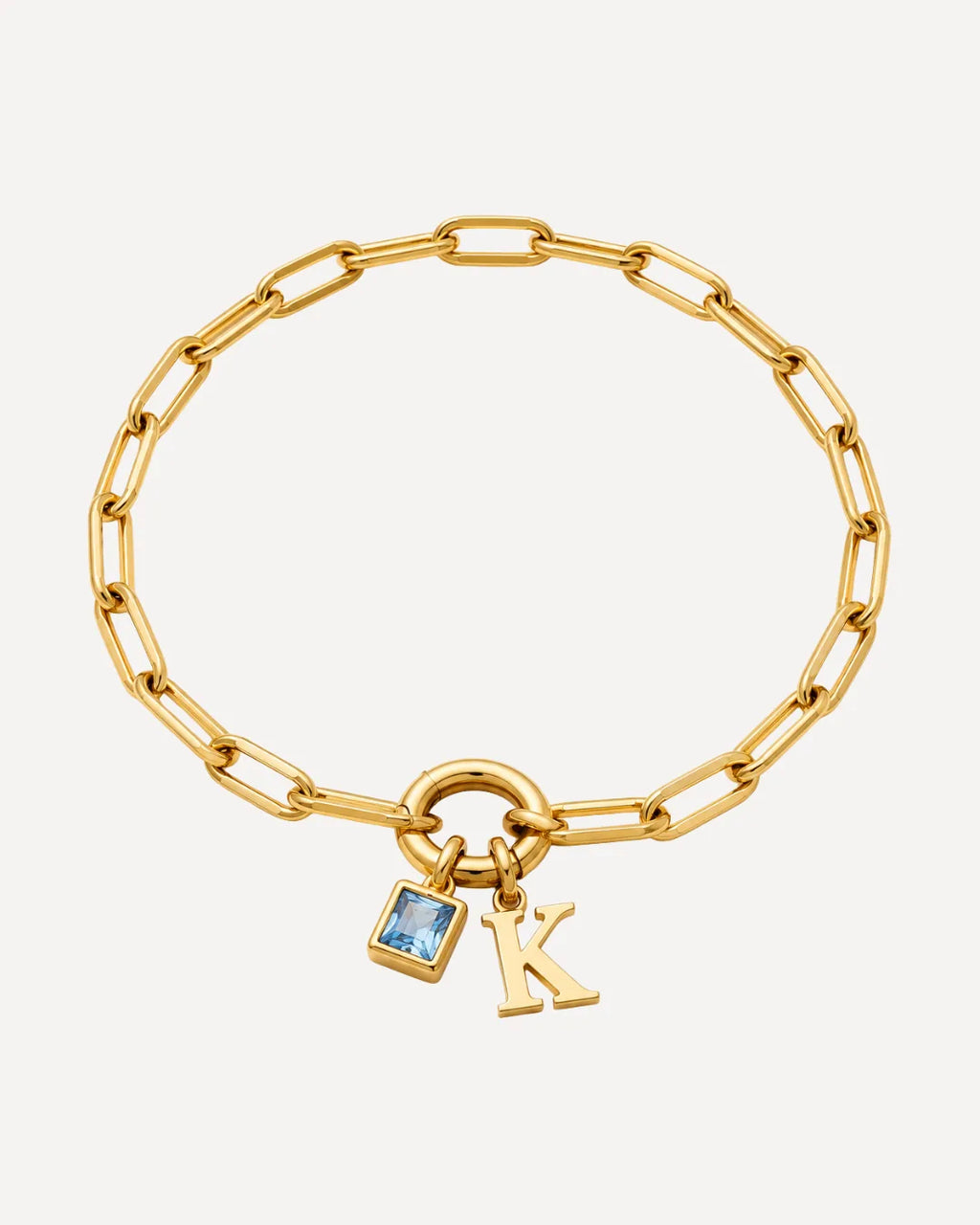 Jane Initial Birthstone Bracelet with Paperclip Chain