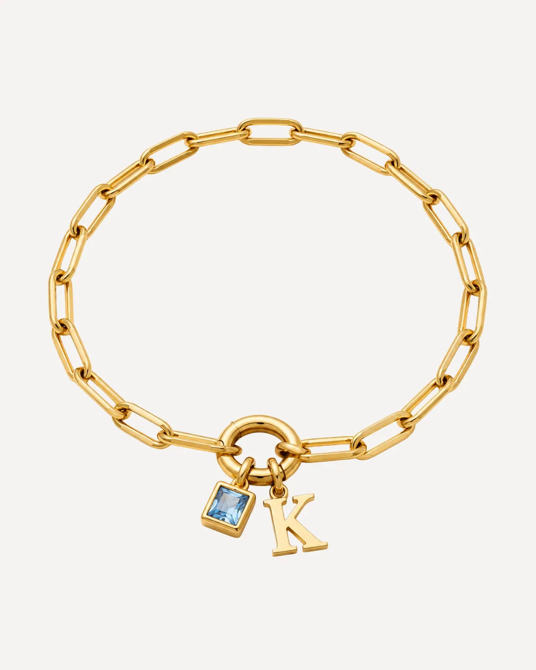 Jane Initial Birthstone Bracelet with Paperclip Chain