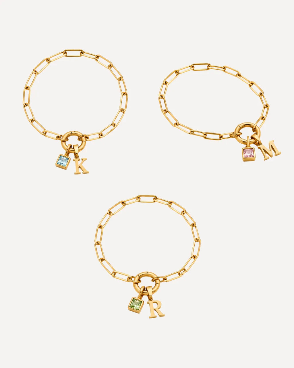 Jane Initial Birthstone Bracelet with Paperclip Chain