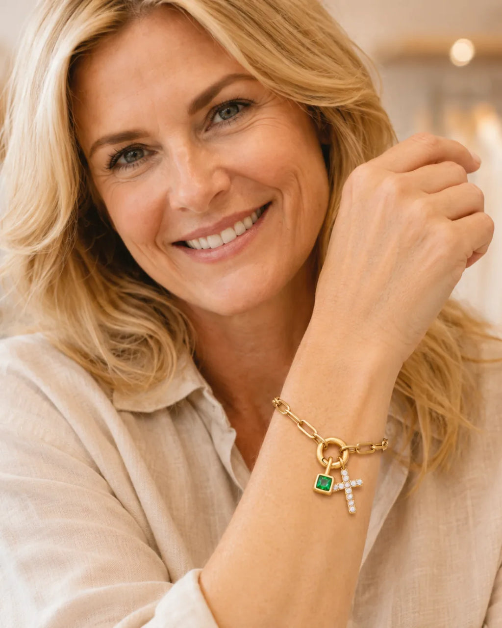 Gemma Cross Charm Bracelet with Birthstone