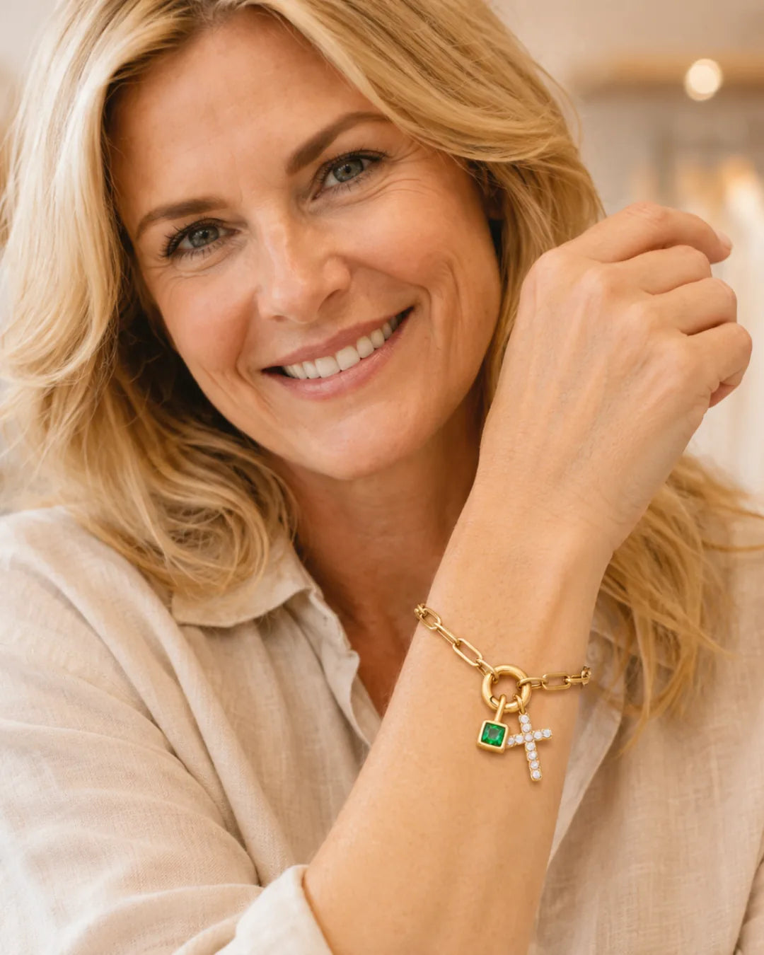 Gemma Cross Charm Bracelet with Birthstone